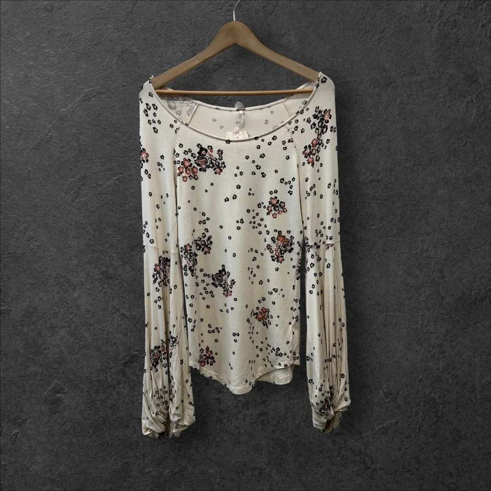 Free People Tea Combo Floral Balloon Sleeve Scoop Neck Top OB846787 Cream L
